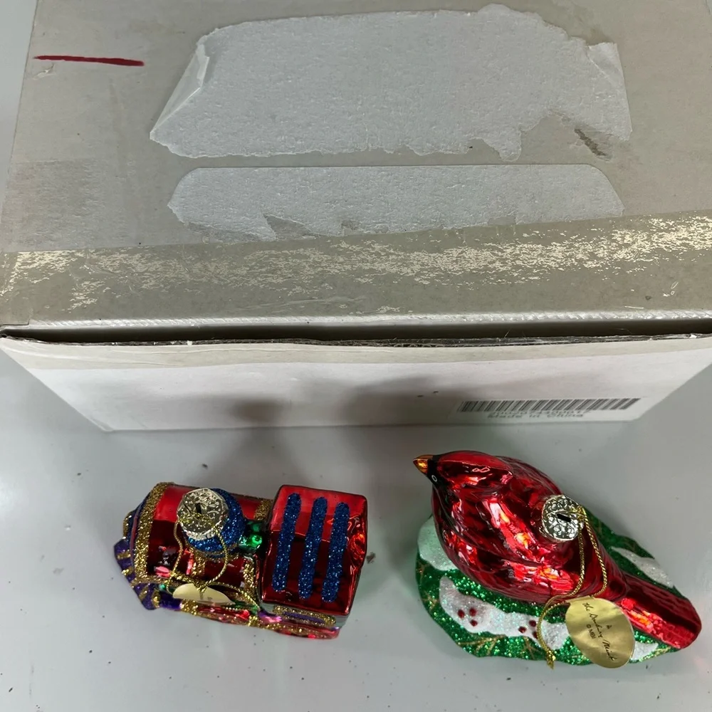 2 Danbury Mint Blown Glass Christmas Ornaments Train‎ And Cardinal